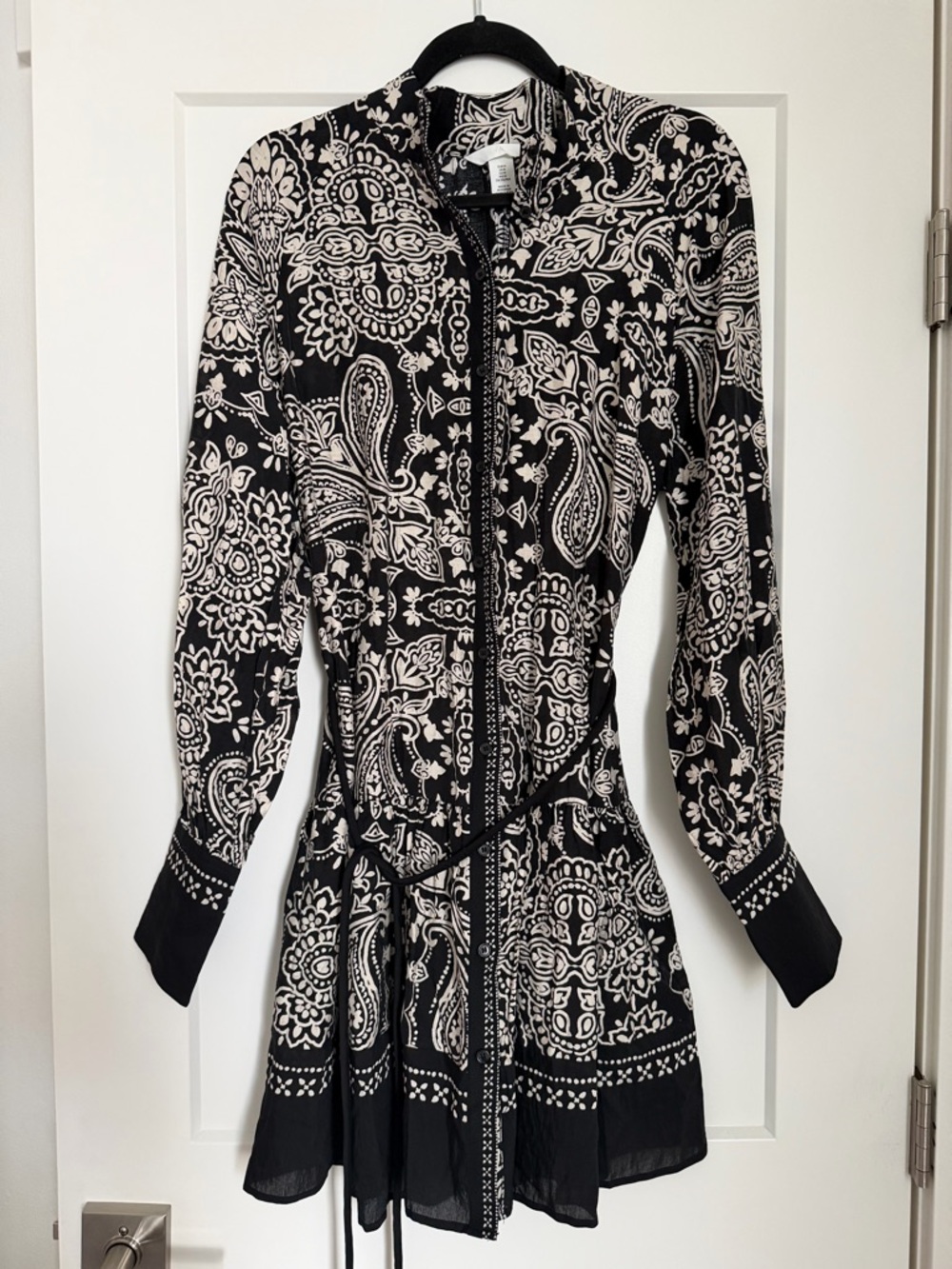 Black Cream Paisley Boho Shirt Dress Button DownTie Waist Mini Midi Dress Medium
